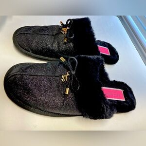 Kate Spade New York Women’s Slippers, 9B, Black Glitter, Faux Fur, Bow Charm